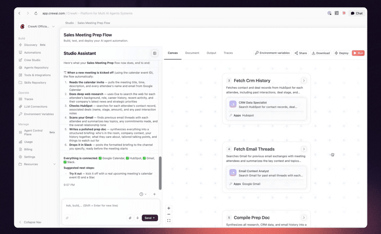 CrewAI Studio showing a sales meeting preparation flow with CRM history and email tasks.
