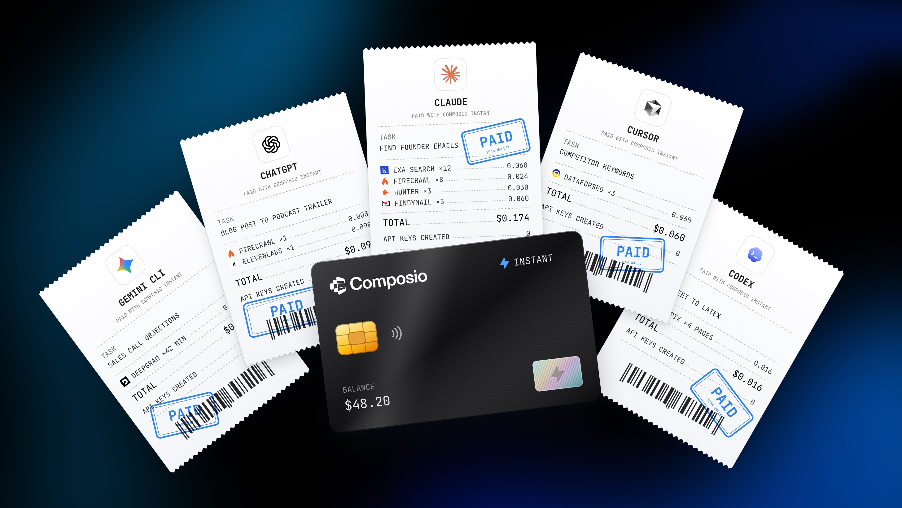 Composio Instant wallet card surrounded by paid tool receipts from AI agents