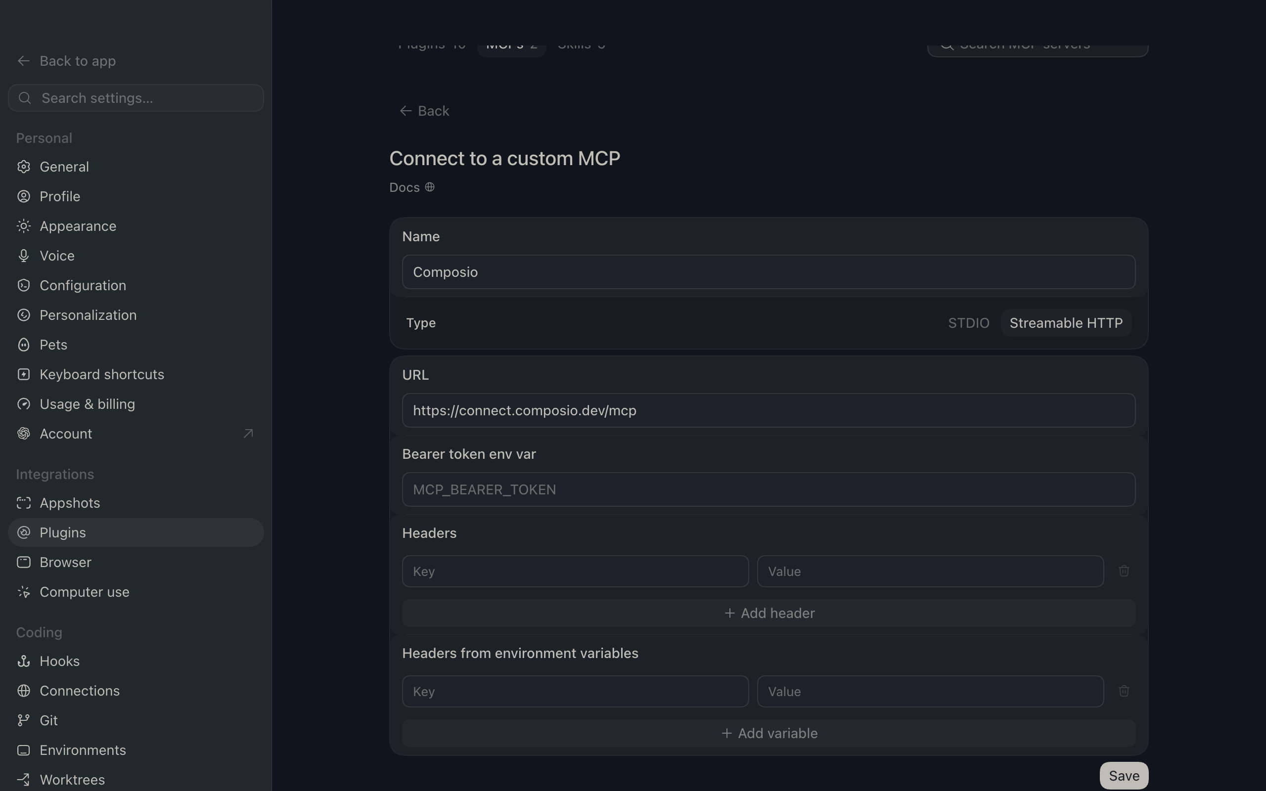 ChatGPT Work Add server dialog with the name Composio, type Streamable HTTP, and the Composio MCP URL