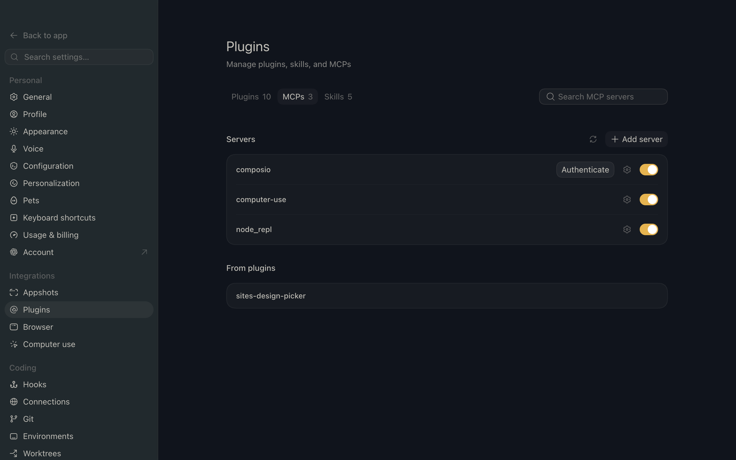 ChatGPT Work Plugins page showing the Composio MCP server added to the list