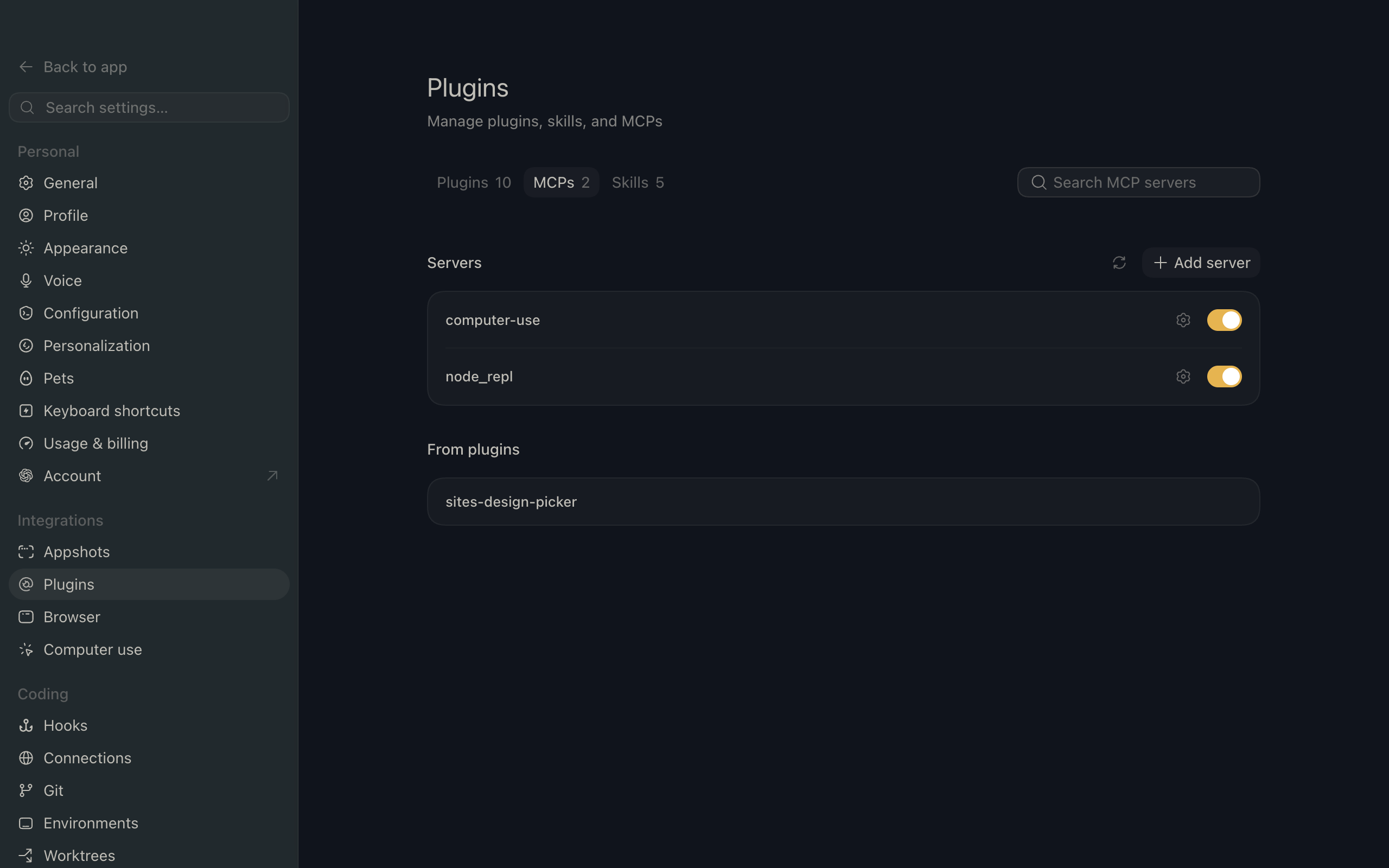 ChatGPT Work settings showing the Plugins page with the MCP tab selected