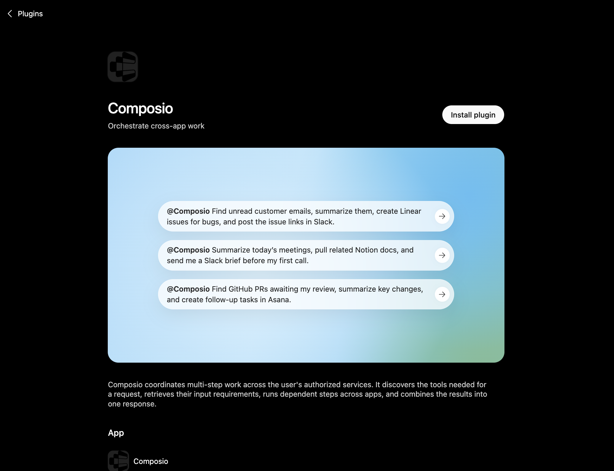Composio plugin page in ChatGPT with the Install plugin button
