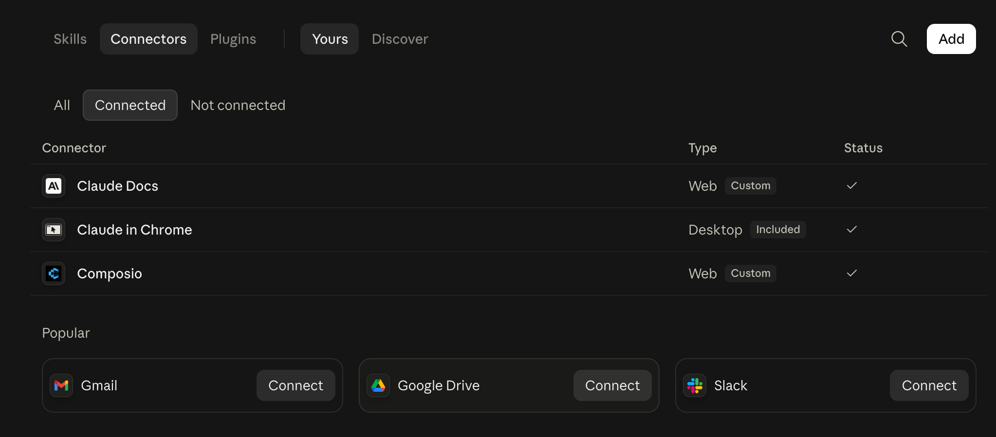 Claude connectors list showing Composio as a connected custom connector