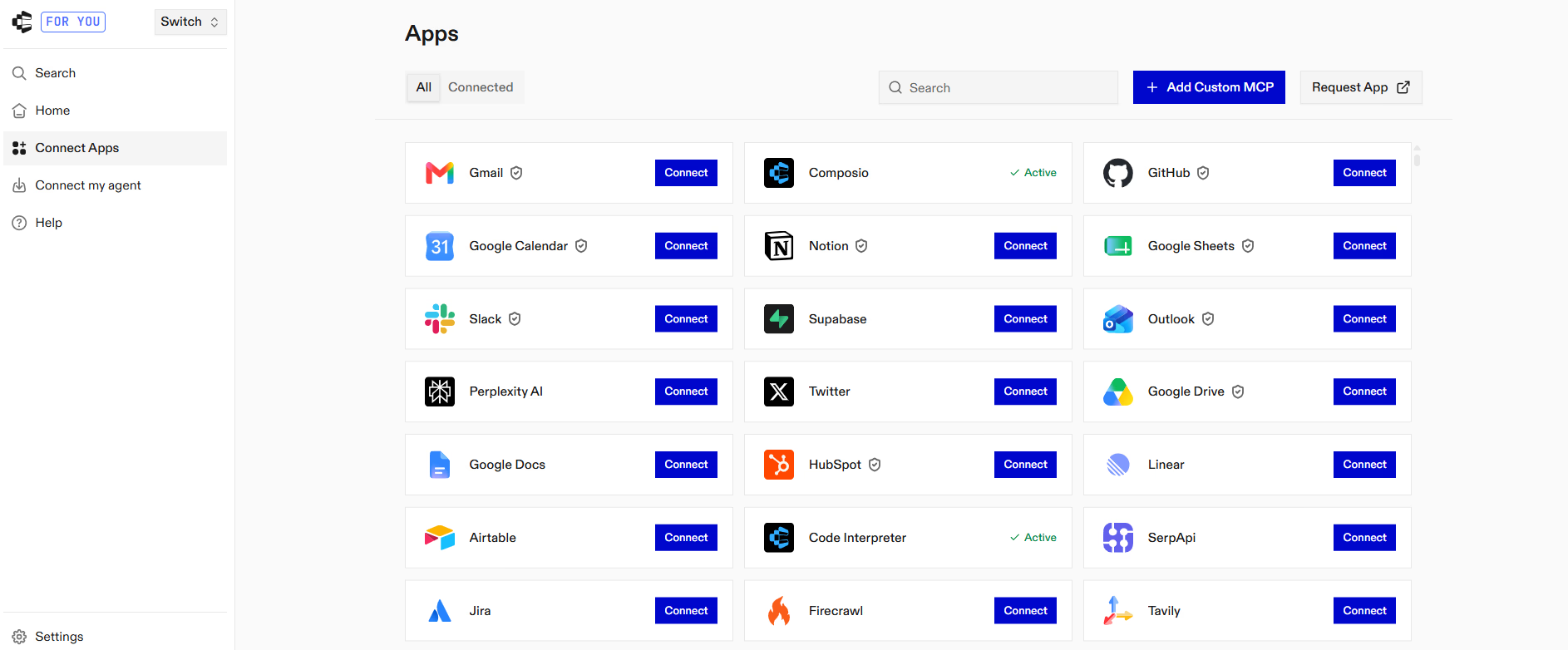 Composio dashboard Apps page with Connect buttons for each app