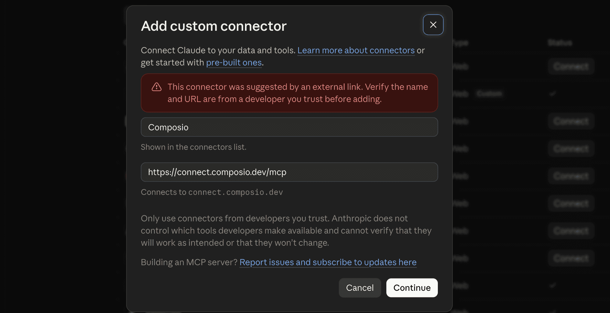 Claude's Add custom connector dialog with the Composio name and MCP URL filled in
