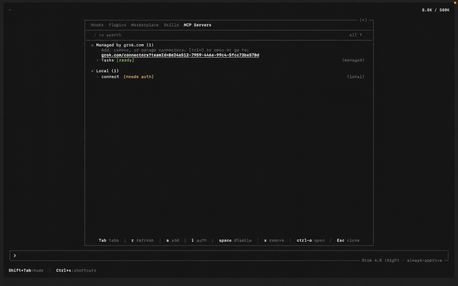 Grok Build prompting to authenticate the Composio MCP server