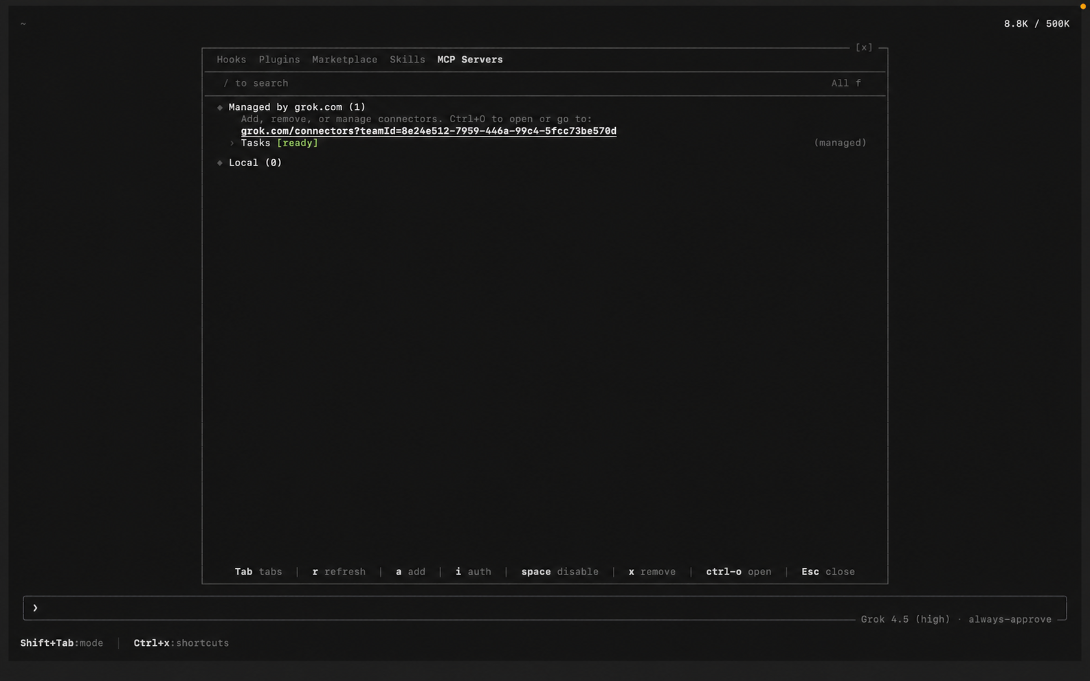 Grok Build /mcps extensions modal listing MCP servers