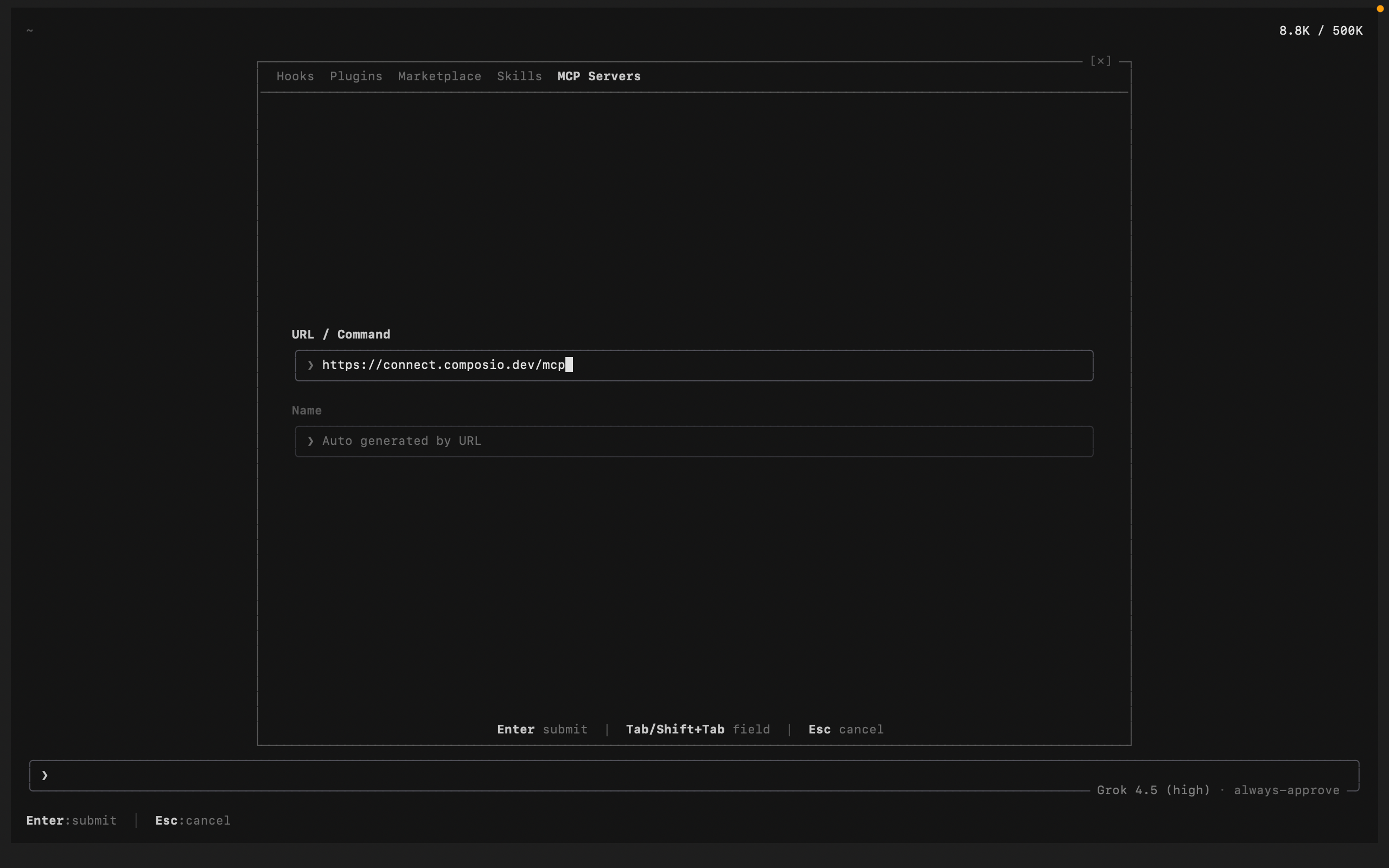 Grok Build adding the Composio MCP server with its URL