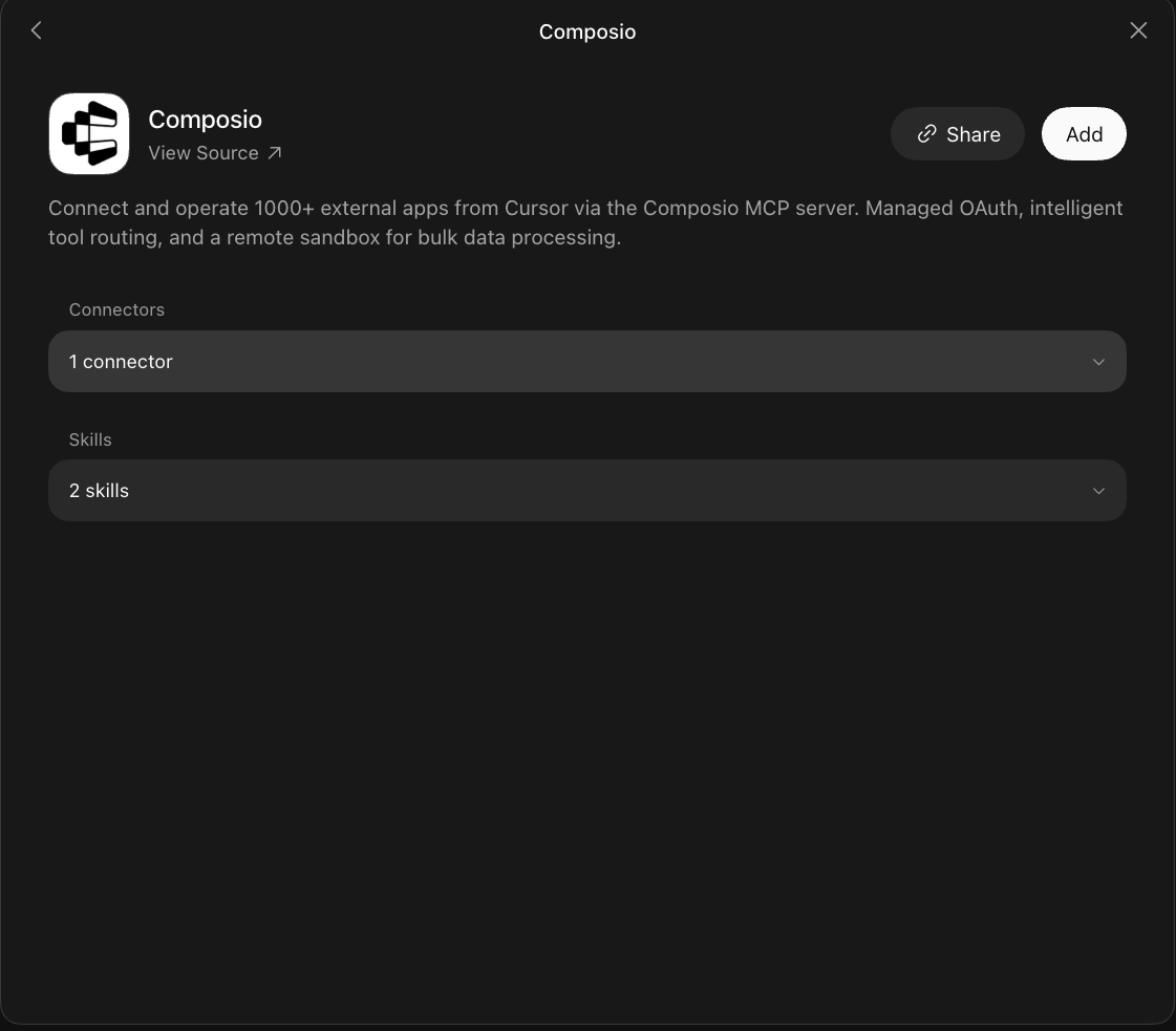 Composio plugin sheet in Grok Bot with the Add button