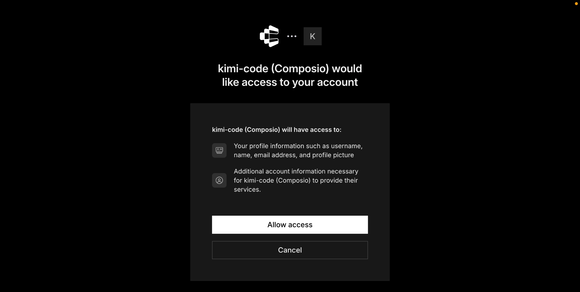 Composio authorization page for Kimi Code MCP setup