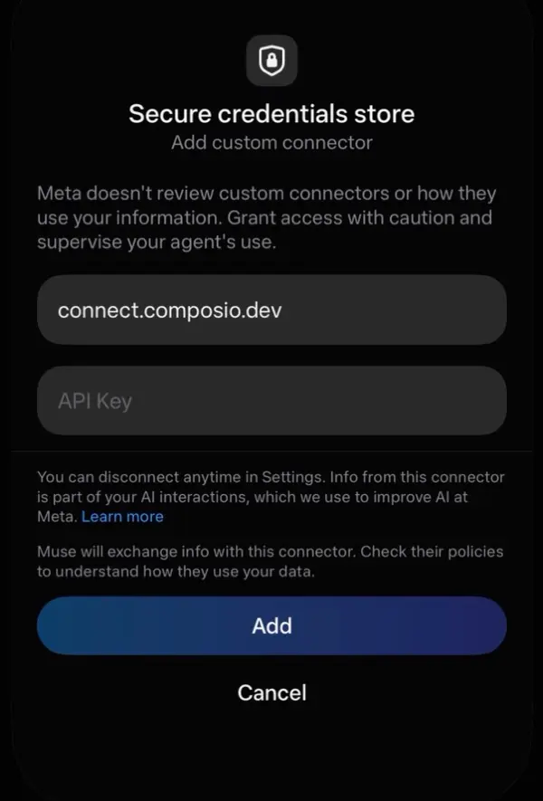 Muse secure credentials store with the connect.composio.dev URL, an API Key field, and the Add button